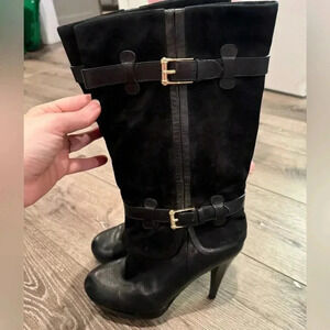 Cole Haan fold over black boots gold buckles leather suede